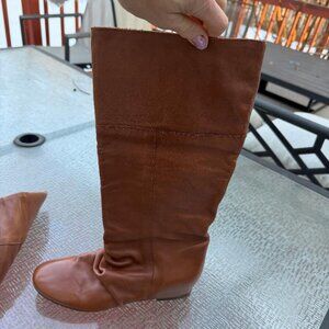 Mercanti Fiorentini Cognac Leather Pull On Wedge Heel Knee High Boots, Sz 40 / 9